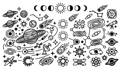 Vector set of celestial space line icons and doodles featuring solar system planets, moon phases, spiral galaxies, telescope, comets, constellations, orbits, and astronomy exploration graphic design e © Hosneara