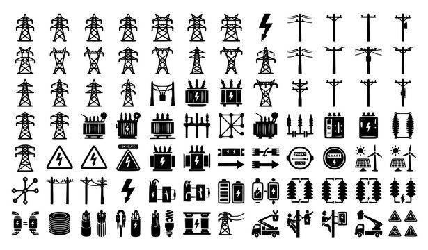 Vector set of electricity transmission line icons featuring black silhouette designs of power towers, utility poles, voltage warnings, lightning bolts, energy substations, infrastructure networks, and