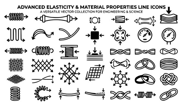 Vector set of elasticity and material properties line icons featuring physics mechanics diagrams, compression arrows, flexible springs, deformation force, tensile strength, structural physics formulas
