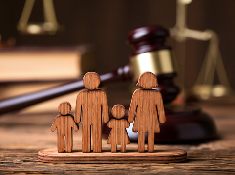 Family figures stand in front of gavel and law books in office setting representing legal matters related to family law