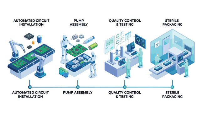 Automated electronic circuit assembly line production.
