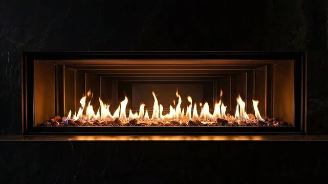 Gas fireplace flames burning brightly within a modern linear fireplace insert, showing the progression of the fire.