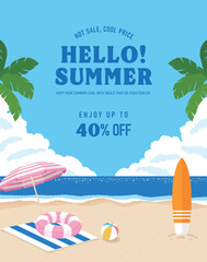 Fototapeta premium Summer sale promotional poster template featuring a scenic beach background with palm trees, a surfboard, beach umbrella, and a swim ring on sandy shore. There is a phrase that says 