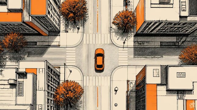 A vibrant orange car travels through a cross hatched city intersection, featuring 20260510 gigapixel cgi architectural detail with crisp 4x resolution lines and bold autumn color accents throughout.