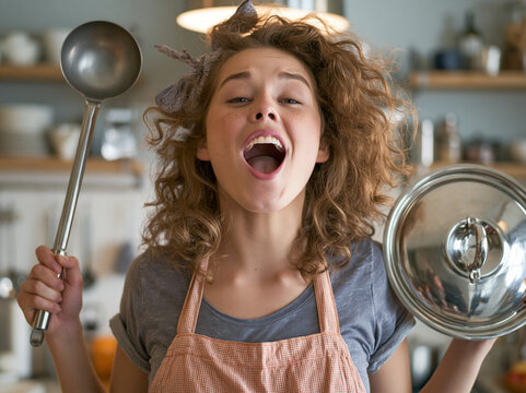 Young person enjoys cooking while holding a ladle and a pot lid in a kitchen during daytime