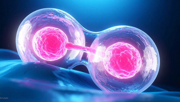 Abstract 3D rendering of two pink cells undergoing division with fluid textures cell division
