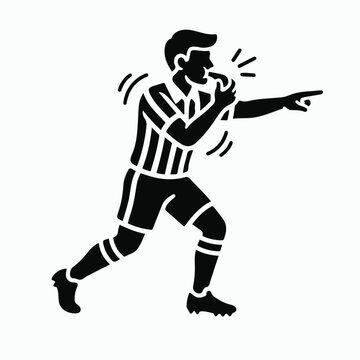 Soccer referee blowing whistle and pointing during a game