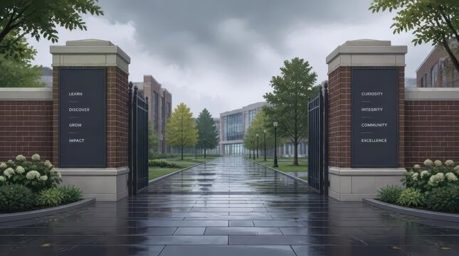 University Entrance Gates At The Cusp Of A Rainy Afternoon With Brick Pillars And Cinematic Landscaping Displaying Inspirational Values In A High Resolution Widescreen Academic Campus Setting