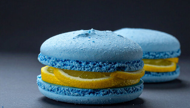 Blue Lemon Macaron Dessert with Fresh Citrus Slices and Powdered Sugar french macaron