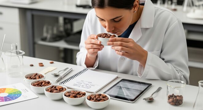 Cacao aroma testing with sample bowls and analyst, communicating sensory evaluation, chocolate quality standards and ingredient flavor assessment in laboratory.
