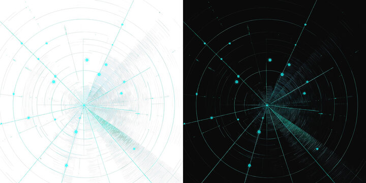 Modern sci-fi radar screen, atmospheric cyber hud target interface and digital sonar grid on white and black background