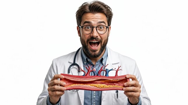Technical digital painting of a clinician holding a cross section artery model, showcasing high resolution 20260510 gigapixel cgi graphics for medical education in a wide cinematic landscape banner.