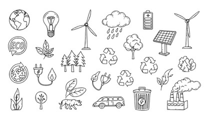 Fototapeta premium Ecology and renewable energy hand drawn doodle set vector eco friendly icons pack
