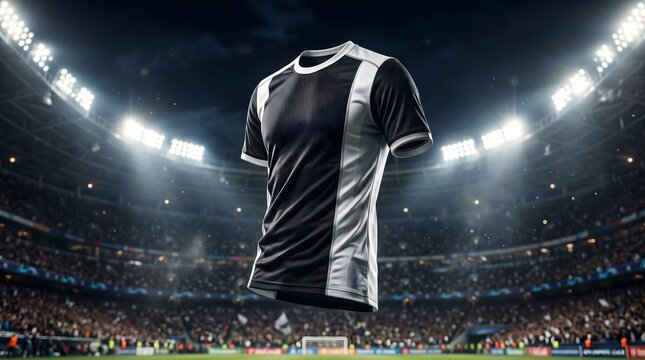 Professional blank football jersey floating in a crowded stadium