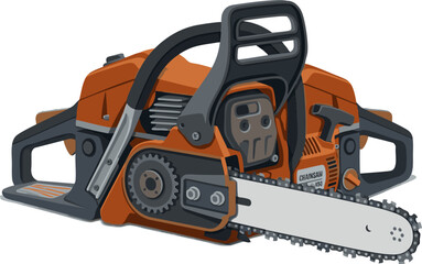 Naklejka premium Powerful orange and silver chainsaw illustration with a long silver blade and black handle, perfect for woodworking and outdoor projects
