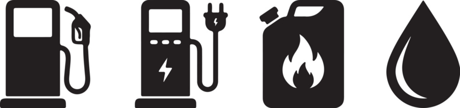 Black icons of fuel pump, electric charger and gas can