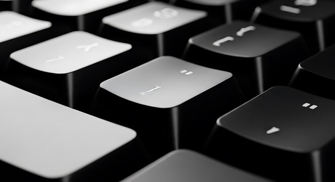 Macro close up shot of a black computer keyboard keys in a workstation