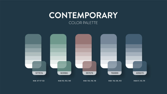Contemporary Color Palette Infographic Vector. Five distinct swatches with hex codes and RGB values for business brand identity. Professional corporate design theme style guide presentation slide.