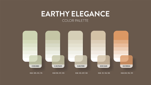 Color palette guide in Earthy Elegance colour theme collections. Color inspiration or chart with codes template. Color combination RGB. Colors swatches for graphic design, art, fashion, web, painting.