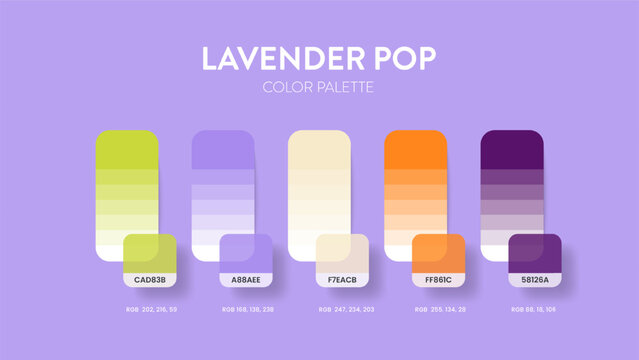 Color palette guide in Lavender Pop colour theme collections. Color inspiration or chart with codes template. Color combination RGB. Colors swatches for graphic design, art, fashion, web, painting.