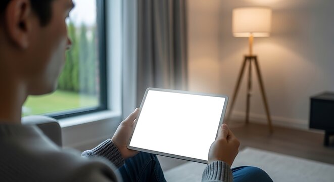 Man holding tablet with blank white screen at home for digital mockups