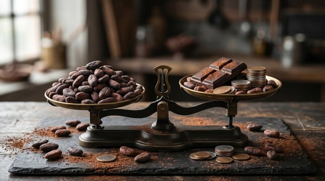 Cocoa bean value concept with scales, coins and chocolate, communicating chocolate price growth, raw material pressure and premium food market economics.