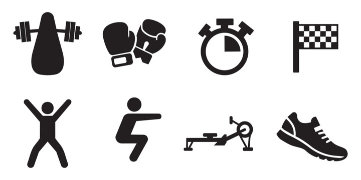 Fitness and gym workout icon set. Vector illustration of boxing gloves, stopwatch, running shoe, rowing machine, and squat exercise.