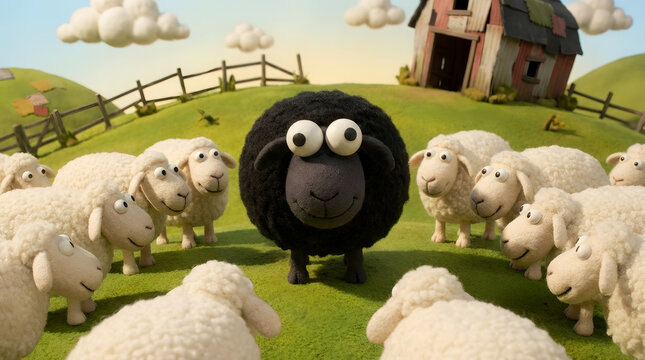 Black sheep standing in herd of white sheep on farm landscape. Unique character surrounded by flock in meadow. Concept of individuality, diversity, exception and difference from group.