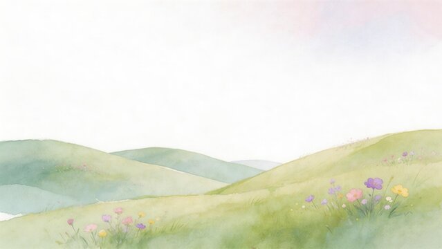 Watercolor landscape with rolling hills and flowers