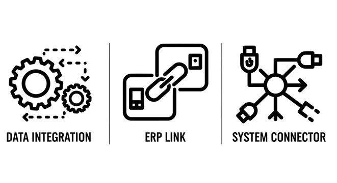 Data integration erp link system connector icons with software development technology business software database connection workflow information management cogwheel integration enterprise