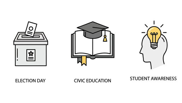 Icons representing voting education ideas with ballot box civic education graduation cap student awareness white background election day election lightbulb illustration minimalist education