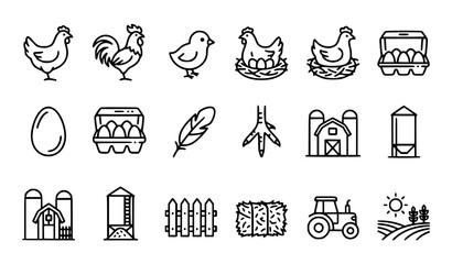 Chicken and poultry line icon set with hen rooster and chick farm symbols © labu