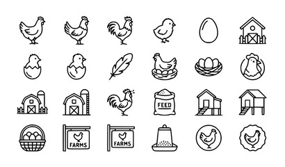 Poultry farm animal line icon set with chicken rooster and chick vectors © labu