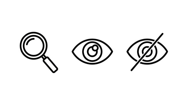 Magnifying glass icon eye with a slash icon magnifying invisible obscured concealed security information research discovery exploration minimalist background isolated metaphor