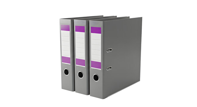Three gray ring binder file folders with purple labels isolated on transparent background