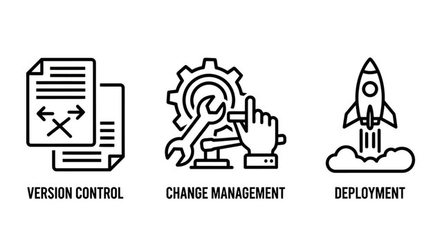 Software development icons: version control change management deployment with deployment software development programming management workflow progress revision document settings strategy