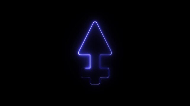 Blue neon symbol of mercury on black background a bright outline of the astrological symbol for mercury, glowing