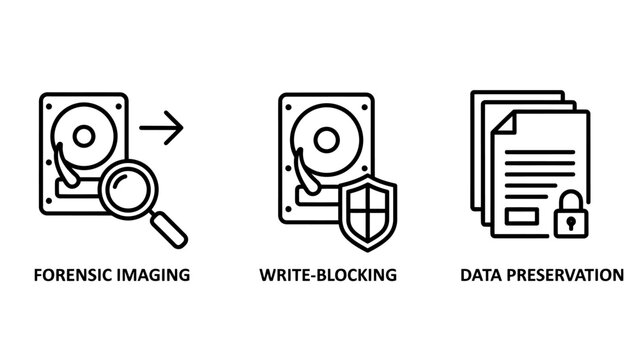 Digital forensics icons: forensic imaging write-blocking data preservation with hard drive magnifying glass digital asset information technology data security data management computer security