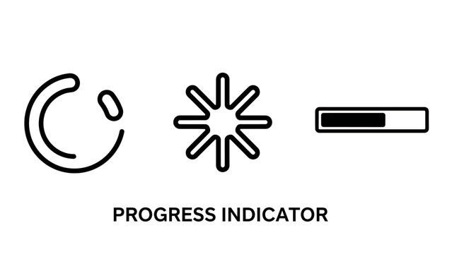 Progress indicator icons including a loading spinner radial bar progress bar for digital interfaces line art interface technology buffering download complete incomplete performance