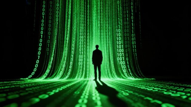 Silhouette of a person surrounded by green binary code