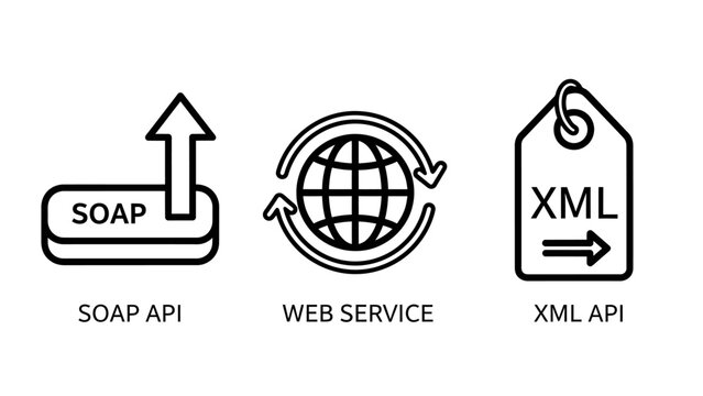 Api icons: soap api web service xml api with data exchange up arrow software architecture data processing software development integration protocol internet technology illustration computer