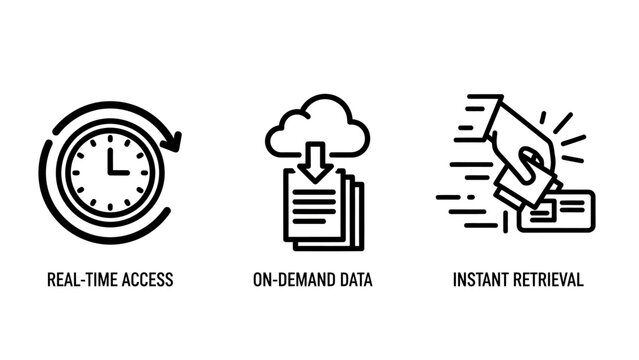 Real-time data access on-demand information instant retrieval icons on demand with line art digital transformation on-demand retrieval information technology management immediate documents
