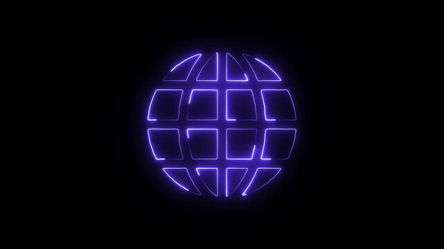 Luminous blue neon globe icon animating on a black background representing global connectivity and internet