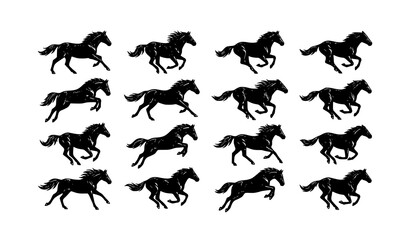 Fototapeta premium Galloping horse silhouette icons with realistic racing poses and monochrome vector design