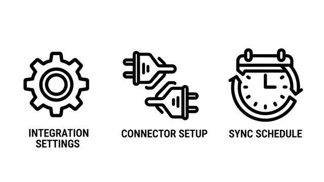 Integration settings connector setup sync schedule line icons with integration settings connector schedule management automation technology software application development programming
