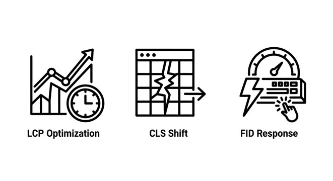 Lcp optimization cls shift fid response line icons for web performance with optimization response performance experience speedometer keyboard development technology analytics measurement