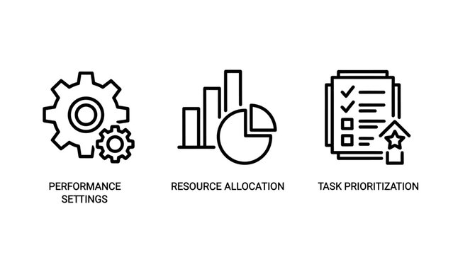 Performance settings resource allocation task prioritization business management icons with black and white performance settings resource allocation prioritization management optimization