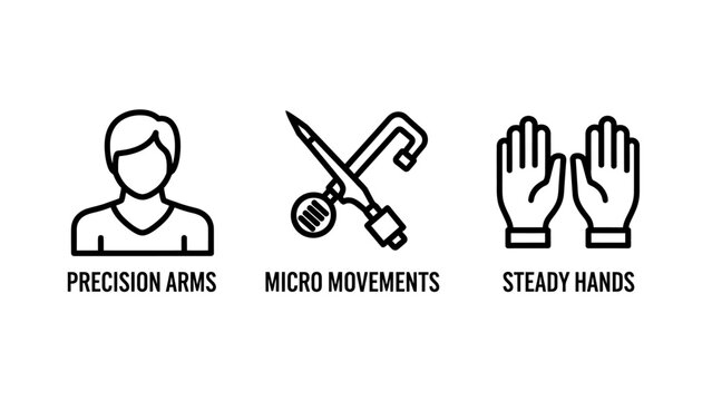 Line icons illustrating precision arms micro movements steady hands for dexterity and skill precision movements dexterity accuracy detailed professional operation delicate manipulation