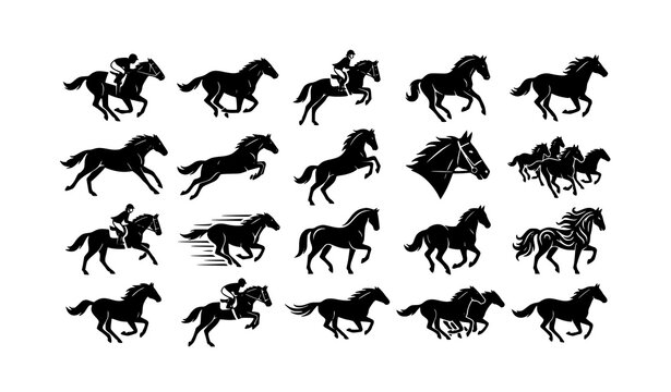 Monochrome horse racing silhouettes with fast galloping equine vector illustration set