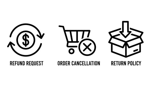 E-commerce customer service icons including a refund request with dollar sign and circular arrows, an order cancellation shopping cart with an x symbol, and a return policy box with an entry arrow